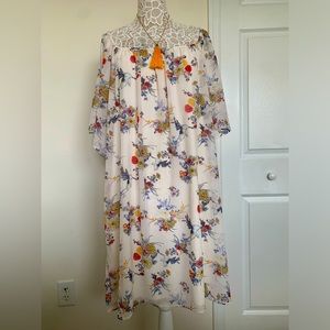 EUC Bailey Blue Sheer Spring Floral Cold Shoulder Dress & Necklace Plus Size 3X